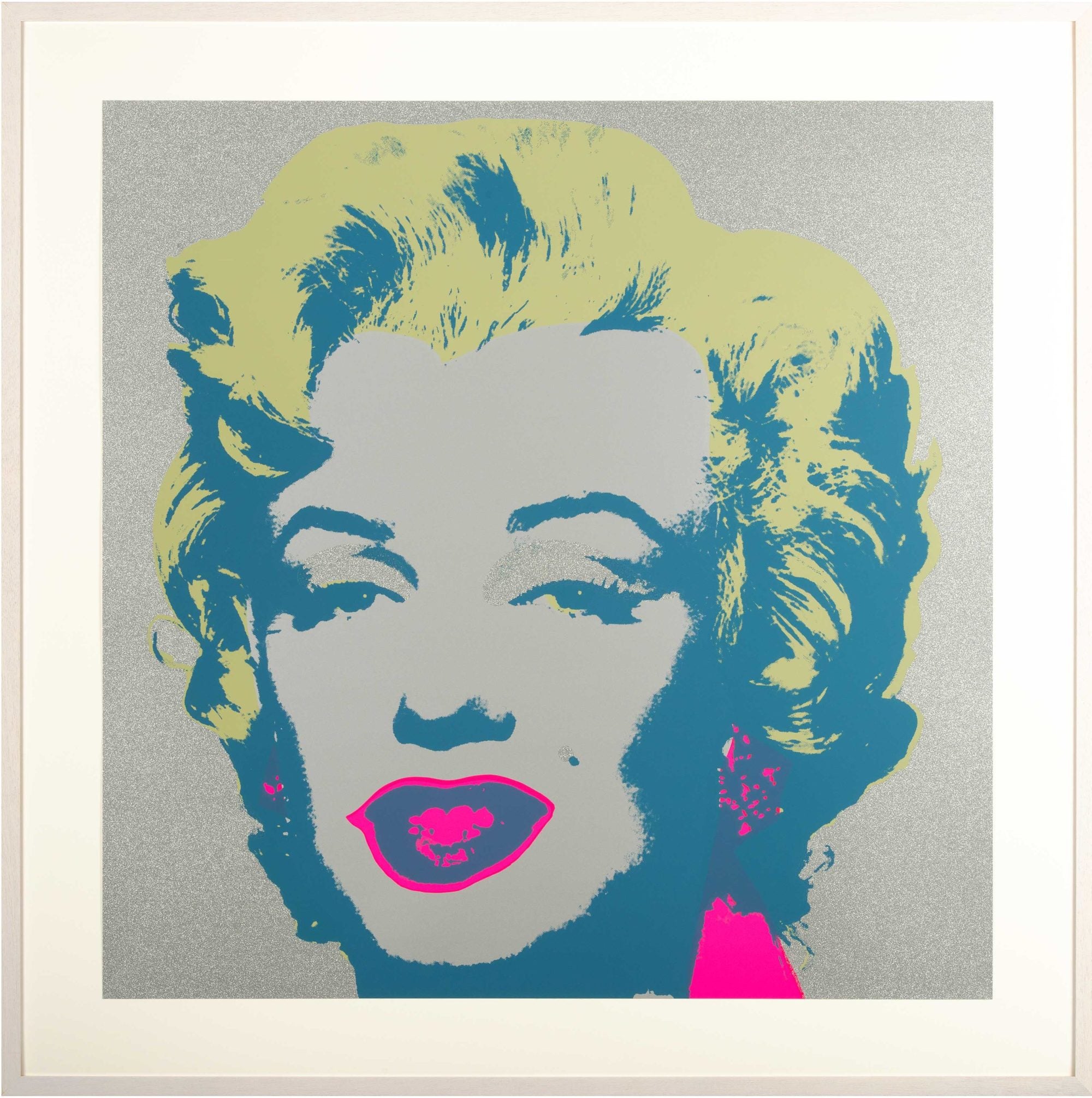 Nahaufnahme der Siebdruck-Oberflaeche: sichtbare Druckstruktur und Farbpigmente auf dem Marilyn Monroe Siebdruck.